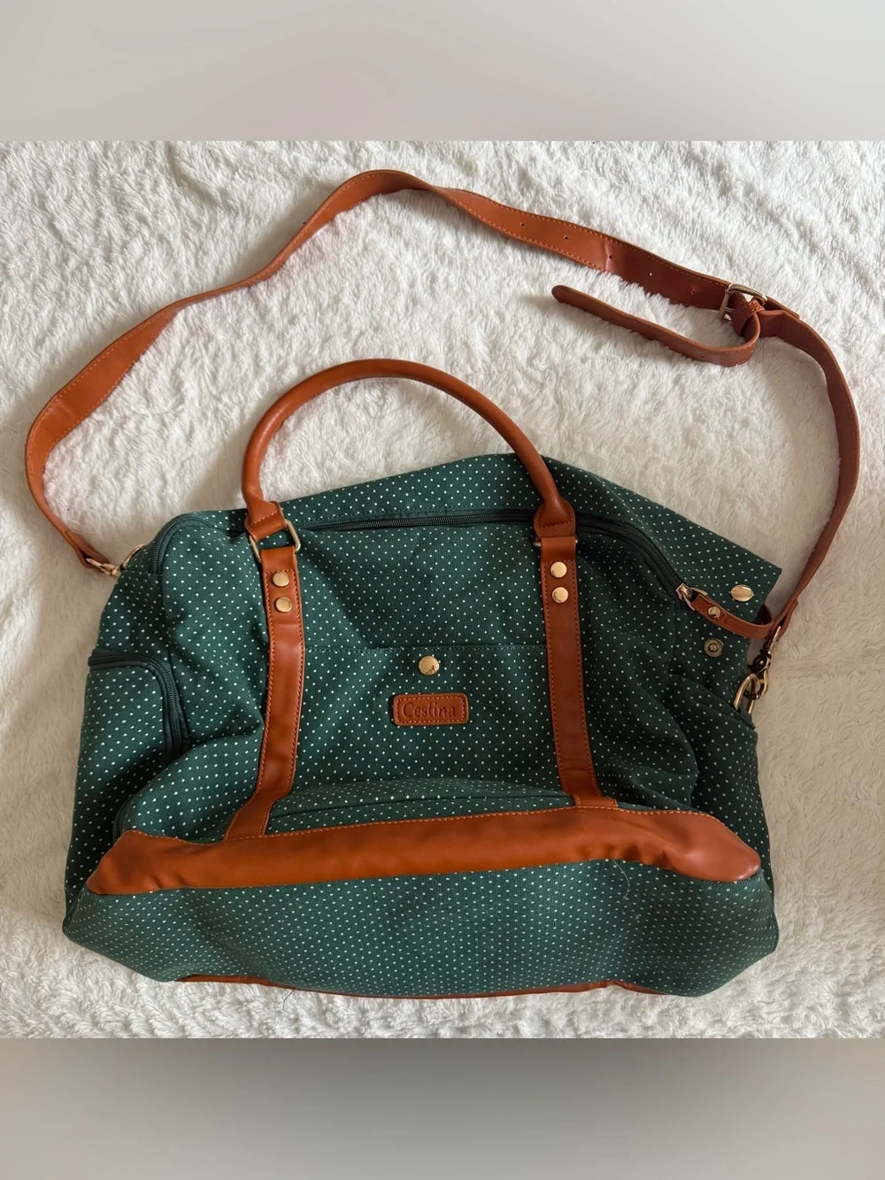 Canvas Polka Dot Travel Duffle Bag - Green with Tan Trim
